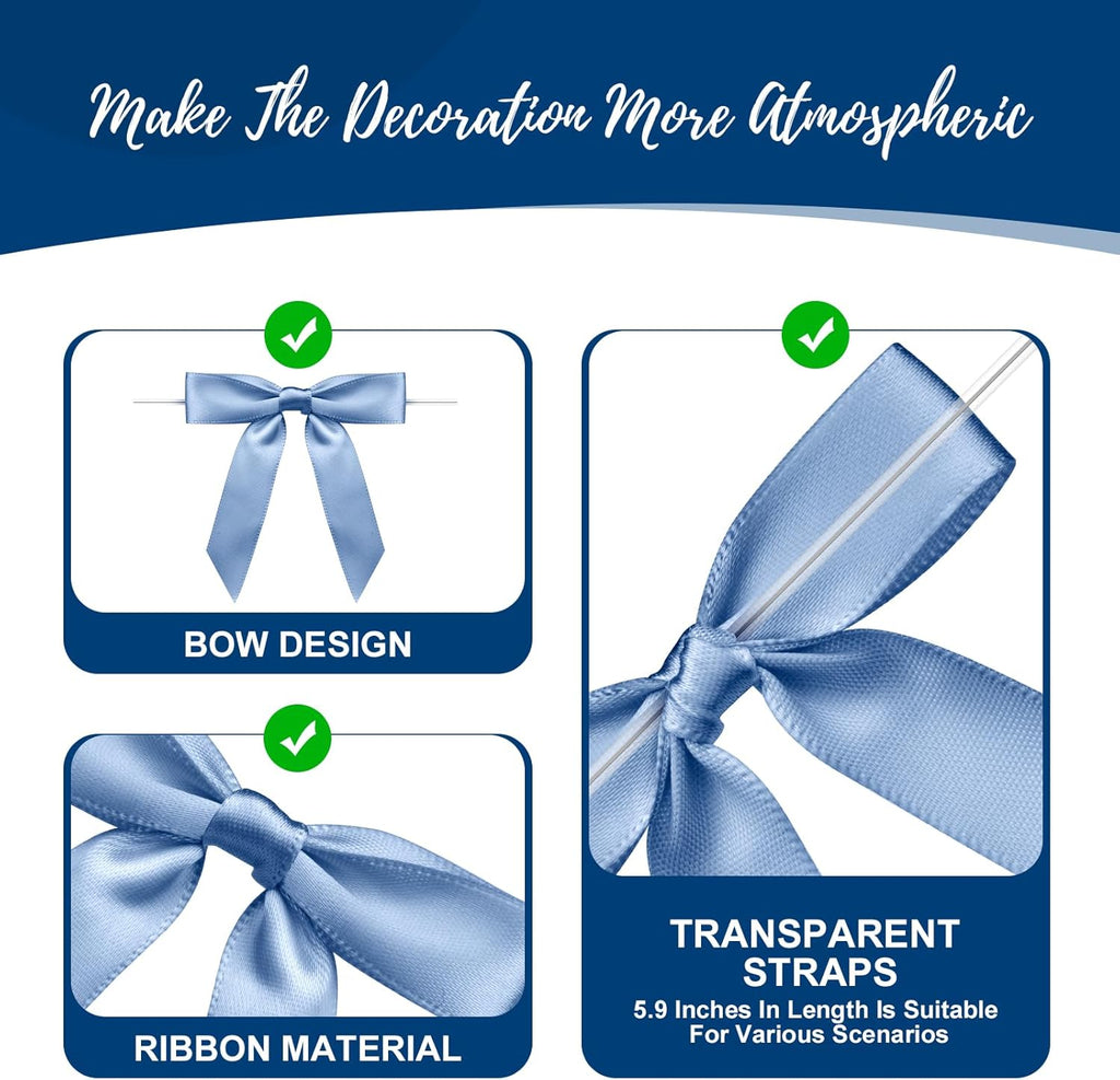Regine Switzerland Satin Ribbon Dusty Blue Bow Decor - 2.5" Premade Twist Tie Bows for Gift Wrapping | 50 Count