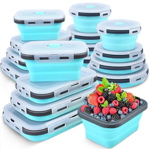 16 Pack Collapsible Food Storage Containers with Lid & Air Vent, 8 Rectangular and 8 Round Foldable Collapsible Silicone Lunch Containers Sets Bowls for Camping, Travel Trailer Must