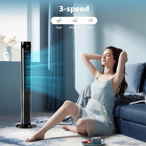 Antarctic Star Tower Fan - Portable 43'' Bladeless Oscillating Fan with Remote Control | Quiet Cooling, 12H Timer, 3 Speeds, Black