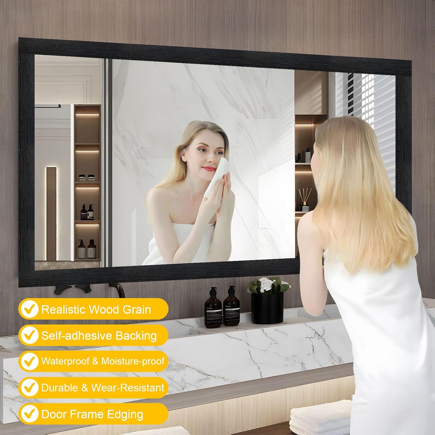 Skiennix Bathroom Mirror Frame Border - Peel & Stick Black Wood Grain Wallpaper (32.8 FT x 3.93 Inch)