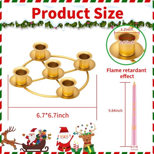 Advent Wreath Candle Holder Set - 5 Gold Taper Candles & Decorative Ring for Christmas Home Decor