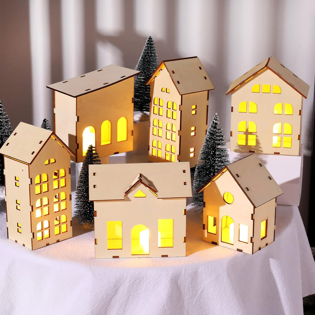 Skiennix Christmas Village Set - 12 Unassembled Houses with 6 LED Candle Lights | Festive Holiday Decor