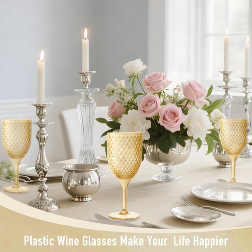LEYIQU Plastic Wine Glasses 13oz, Acrylic Goblets Toasting Glassware, Unbreakable Cups Drinking Glasses for Bar Party, Wedding, Valentine’s Day (24, Gold)