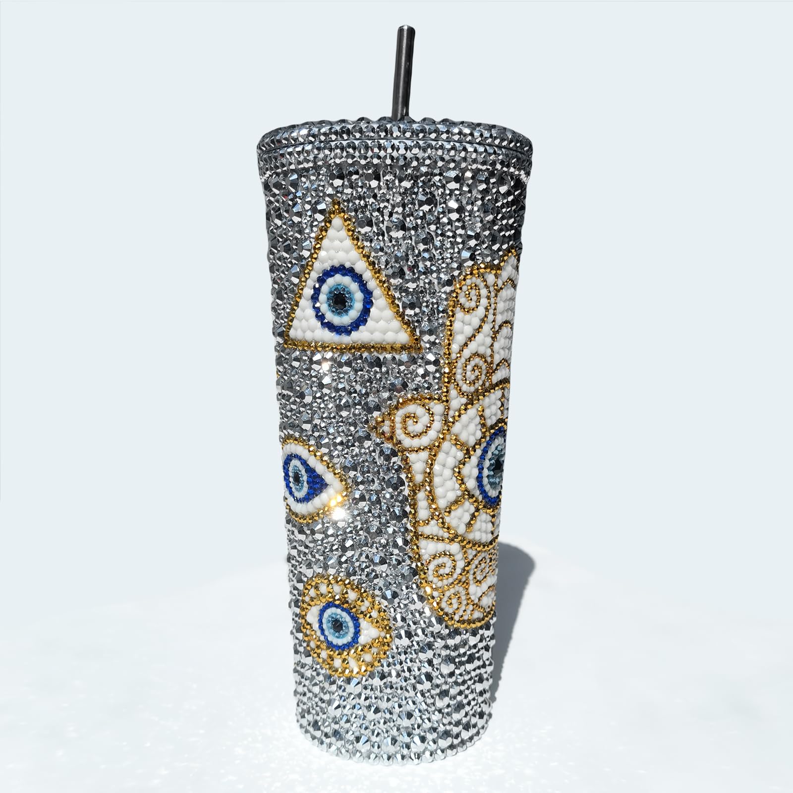 SlowVibes Handmade Evil Eyes Rhinestone Tumbler With Lid & Straw,24oz Stainless Steel Glitter Turkish Eye Coffee Cup,Reusable Bling Water Bottle For Hot & Cold Drinks,Sparkle Evil Eye Gifts For Women