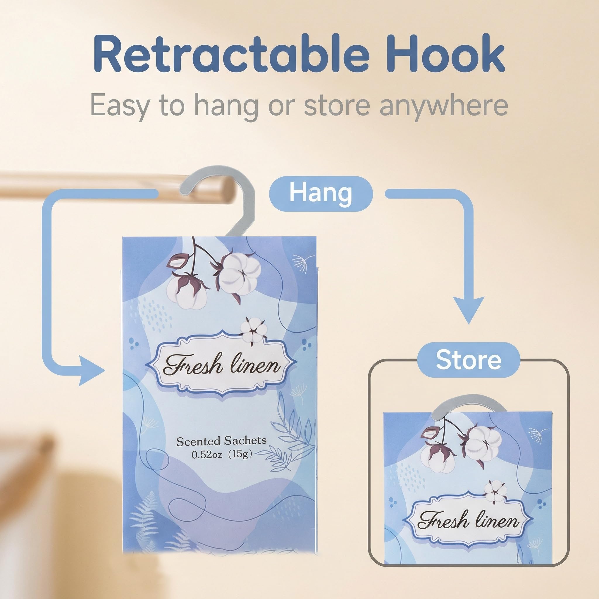 Wifadtoop 12 Packs Fresh Linen Hanging Scented Sachets for Drawers and Closets with Retractable Hook| Long-Lasting Closet Air Freshener & Closet Deodorizer | Closet Scent Freshener (Fresh Linen)