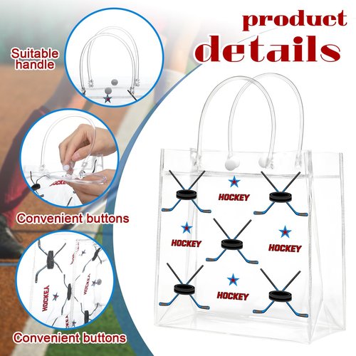 Locmeo 24 Pcs Hockey Clear Goodie Bag with Handles PVC Sport Theme Candy Treat Bags Bulk for Sports Team Gifts Birthday Party Favors, 8 x 8 x 3.15 Inches