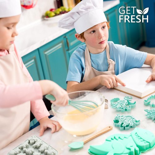 GET FRESH Dinosaur Baking Cooking Tool Set for Kids – 12-PCS Dino Silicone Bakeware Moulds for Kids Baking Candy Jelly Gummy Making and 3 Dinosaur Fossil Cookie Cutter Stampers – Dino Cake Candy Molds