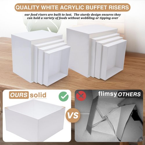 Buffet Risers, Acrylic Food Risers for Buffet Table, 8Pcs Buffet Table Risers with Mini Signs, Food Service Risers Display Stands Risers with Hollow Bottoms, 6" 6.5" 7" 8'' Risers for Buffet Jewelry