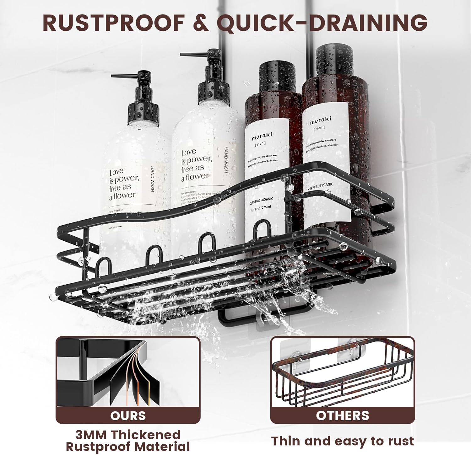 Reinhardt Rustproof Shower Caddy - Anti-Swing Organizer with Soap Holder & Hooks | Black