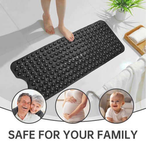 Tree Bud Bathtub Mats for Shower Tub Non-Slip Bath Mat 39 x 16 Inch Extra Long Shower Mat, Bath Tub Mat for Bathroom with Machine Washable, BPA Free for Kids (Black)