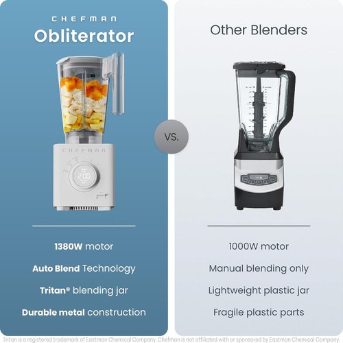 Chefman Obliterator 48 oz Countertop Blender - 1380W Motor for Smoothies & Ice Crushing | Includes 20 oz Travel Jar
