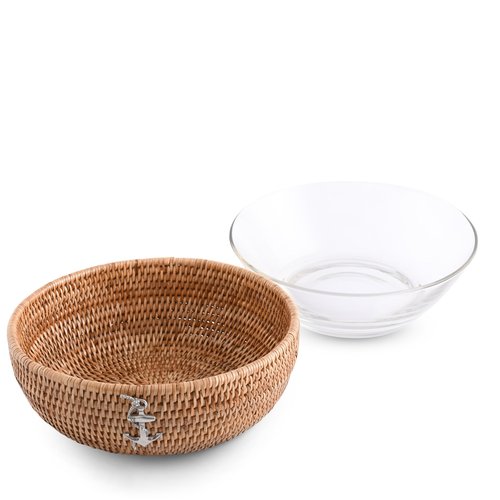 Vagabond House Handmade Eco-Friendly Rattan Serving Bowl with Pewter Anchor and Removable Glass Dish - Classic Stylish Fruit Basket for Kitchen, Ideal for Beach House Fruit Salads and Fruits