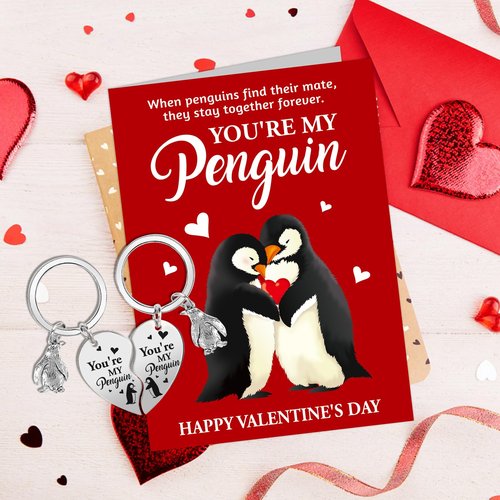 HOWAF Valentine's Day Card for Him Her, You Are My Penguin Cute Romantic Wedding Anniversary Card for Wife Husband Girlfriend Boyfriend, Valentine's Day Penguin Card Penguin Keychains