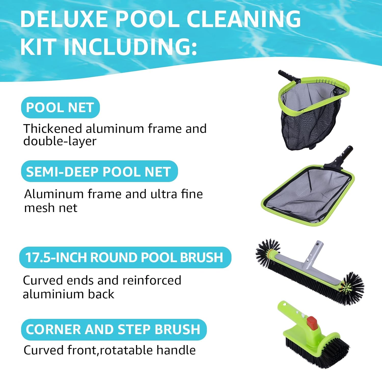 Sepetrel Deluxe Swimming Pool Cleaning Kit - Professional Leaf Skimmer, Fine Mesh Net, 17.5" Brush & Scrub Brush