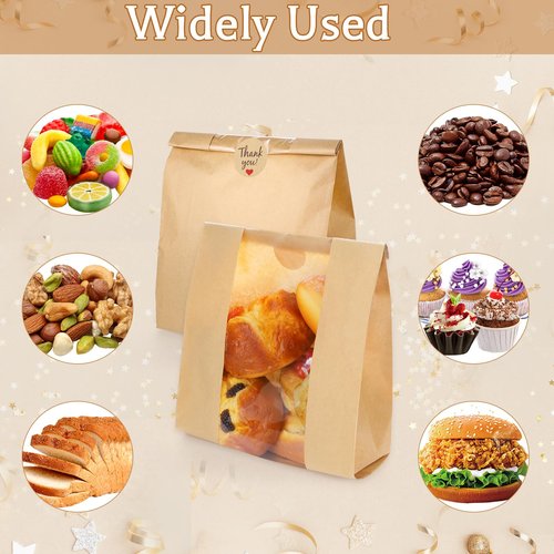 130 Pack Homemade Bread Sourdough Bags, 14" x 8.3" x 3.5" Large Paper Bread Bag with Tin Tie Tab Lock Clear Front Window Stickers for Bakery Storage Mothers Day Gifts