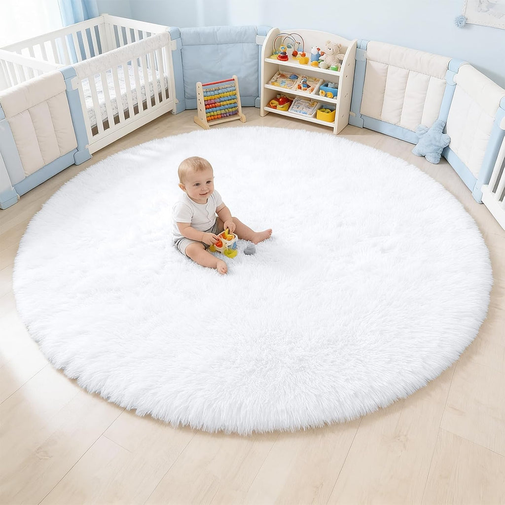 OLANLY White Round Rug - Soft, Fluffy Shaggy Carpet | 5 ft Machine Washable Area Rug for Bedroom & Living Room