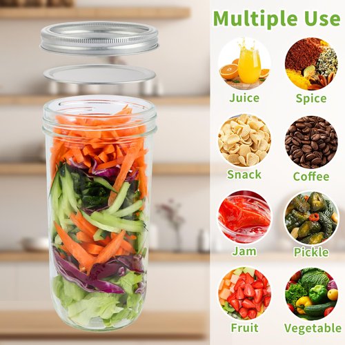 CARBLIN Wide Mouth Mason Jars 24 oz, 6 Pack 720ml Glass Canning Jars with Airtight Lids, Large Storage Jars with Labels Brush, Clear Mason Jars for Canning, Fermenting, Pickling, DIY Projects