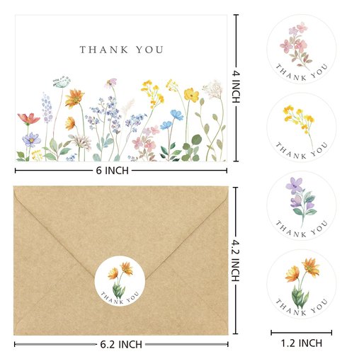 Hidreas 48 Pack Floral Thank You Cards with Envelopes, Watercolor Wildflower Thank You Notes with Kraft Envelopes Sticker for Birthday Wedding Baby Shower Bridal Shower Teachers Graduation, 4 x 6 Inch