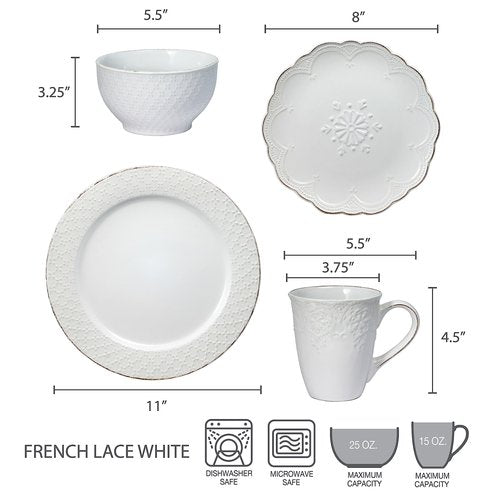 Pfaltzgraff French Lace White 16 Piece Dinnerware Set, Service for 4