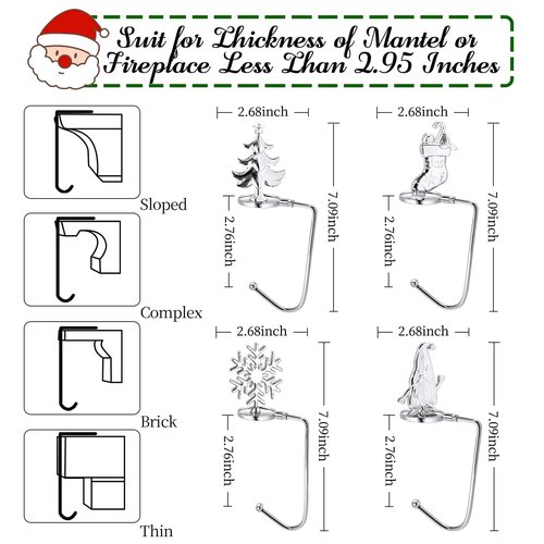 Christmas Stocking Holders for Mantel Set of 4, Non-Slip Adjustable Mantle Stocking Holders, Snowflake Snowman Reindeer Pine Tree Fireplace Stocking Hangers Set for Party Christmas Decorations