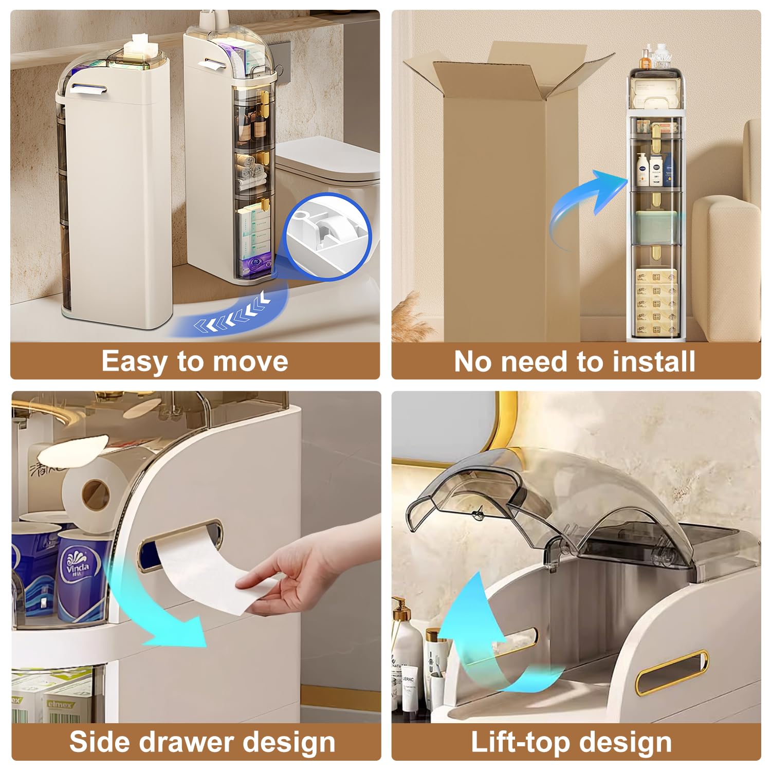 APOAK Slim Bathroom Storage Cabinet, Narrow Rolling Storage Cart with Drawers, Waterproof Bathroom Floor Cabinet, Plastic Storage Organizer for Small Spaces Kitchen Laundry Living Room, 2-Tier