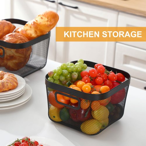 MorningRo 6 Pack Metal Mesh Basket with Hollow Handles Black Wire Storage Bin for Organizing Stackable Metal Fine Mesh Basket for Pantry Bathroom Kitchen Cabinets Shelves (Medium)