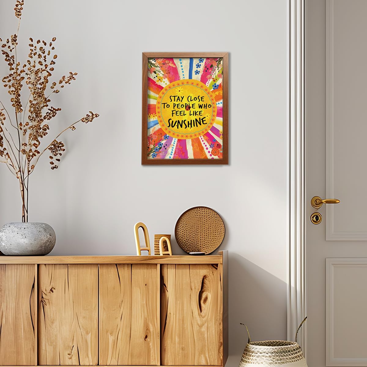 YEOION Inspirational Quote Canvas Print - Stay Close to People Who Feel Like Sunshine | Imitation Wood Frame for Girls' Bedroom Decor