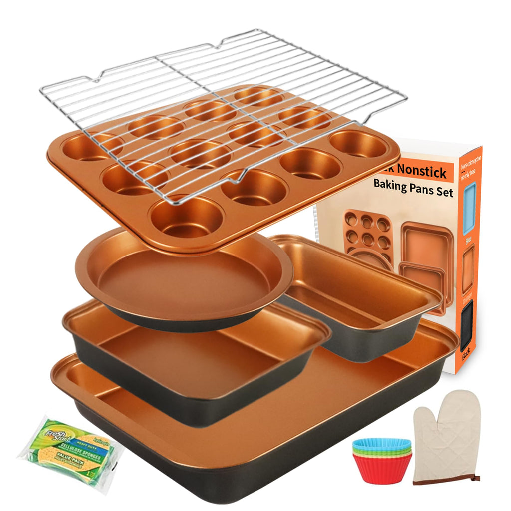 Barlket Bakeware Sets 6 Pcs, Non Stick Baking Pans Set, Black Speckled Kitchen Baking Set, Stackable Storage, Easy Clean & Even Heating, with Cooling Rack, Cake, Muffin, and Loaf Pan