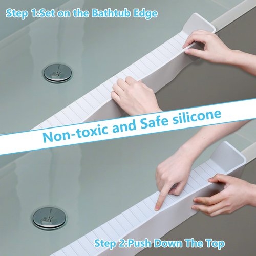 Bathtub Splash Guard for Kids, Long Flexible Silicone Shower Splash Guard with Suction Cups, 2-in-1 Tub Ledge Organizer for Bath Toys & Supplies, Prevents Water Spills, Keeps Floor Dry(Grey)