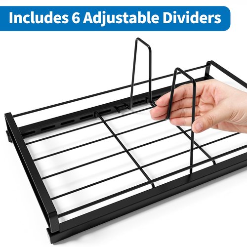 GAGUIUP Food Container Lid Organizer, Adjustable 6 Dividers Full-Metal Pot and Pan Organizer Rack for Kitchen Cabinets, Drawers, Cupboards, Pantry Shelves Storage, Black