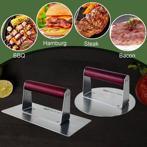SILK ROLL Stainless Steel Burger Press, Hamburger Press, Heavy Duty Meat Press, 8 Inch Bacon Press & 6.3 Inch Round Burger Smasher with Wood Handle, Grill Press for Smashburger, BBQ Bacon Up, Beef