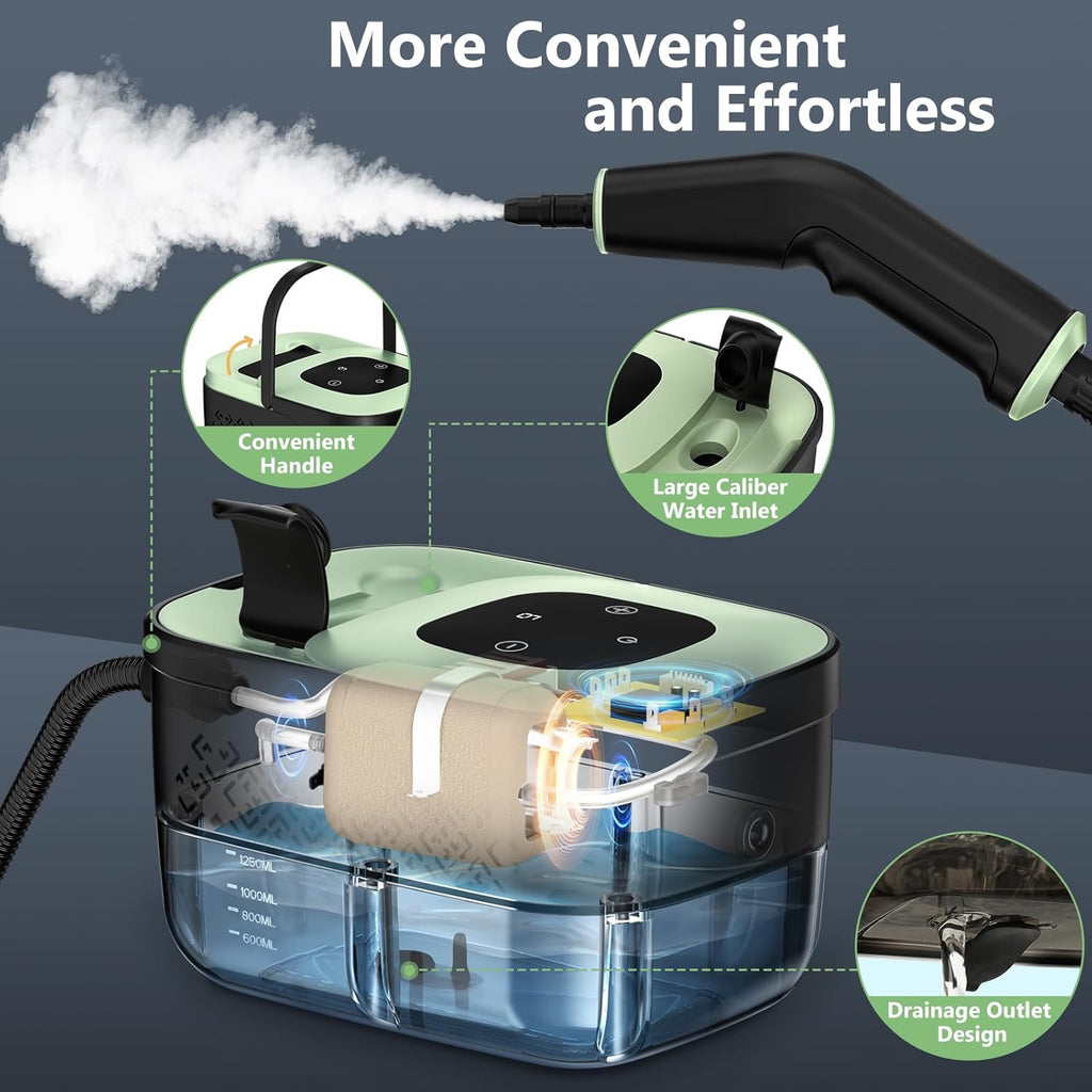 Steam Cleaner, Portable Steamer for Cleaning with 16pcs Accessories, 6-Level Adjustable, 15s Heat-Up, Handheld Steam Cleaner for Home for Tile, Grease, Dirt, Grout, Car Detailing, Green