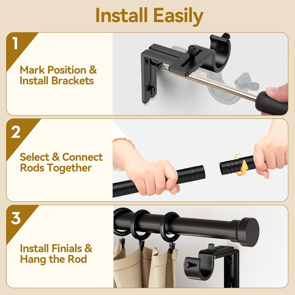 YaFex Curtain Rods - Heavy Duty 1 Inch Adjustable Window Treatment Rods | 32-170 Inch, Modern Black Design