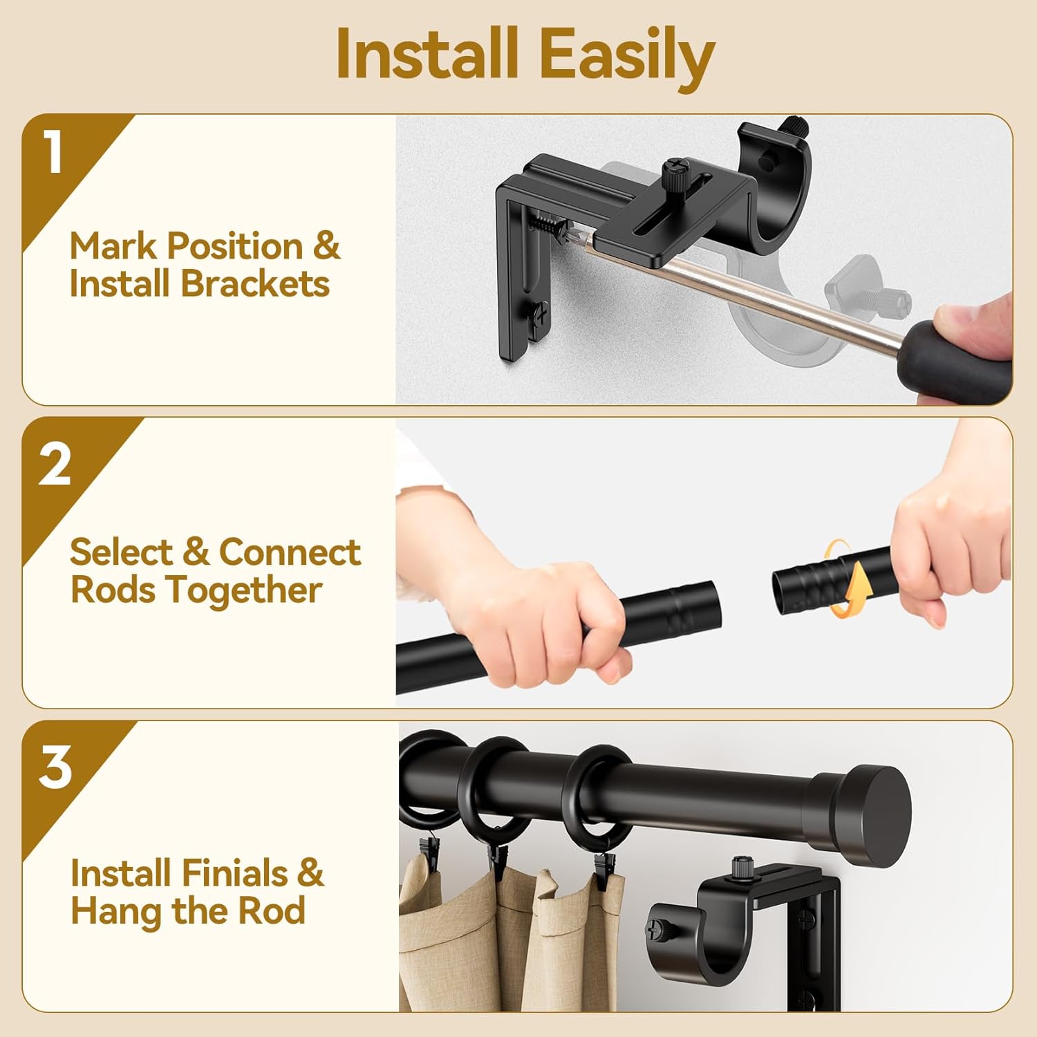YaFex Curtain Rods - Heavy Duty 1 Inch Adjustable Window Treatment Rods | 32-170 Inch, Modern Black Design