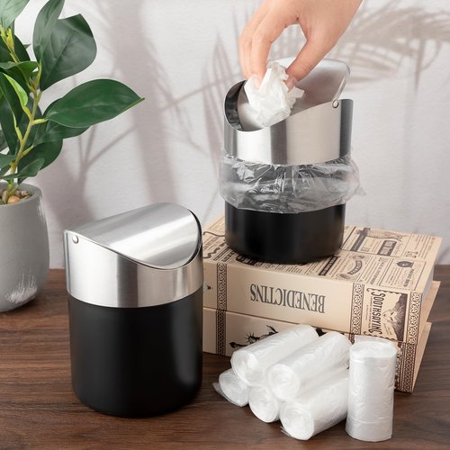 Yiyiring 2 Pcs Desk Trash Can with Swing Lids, 12 Rolls of Trash Bags, 2L Brushed Stainless Steel Countertop Garbage Bin Small Wastebasket with Lid for Office Desk, Coffee Table(Matte Black)