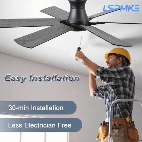 lspmke Ceiling Fans with Lights, 52 Inch Low Profile Ceiling Fan with Light and Remote, Flush Mount, Quiet, Reversible, 3CCT, Dimmable, Black RGB Ceiling Fan for Bedroom, Living Room, Indoor/Outdoor