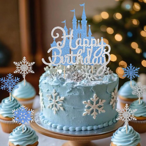 2Pcs Blue Castle Cake Toppers Princess Cake Decorations Princess Theme Birthday Castle Party Picks for Winter Wonderland Party Supplies Frozen Theme Party Decor