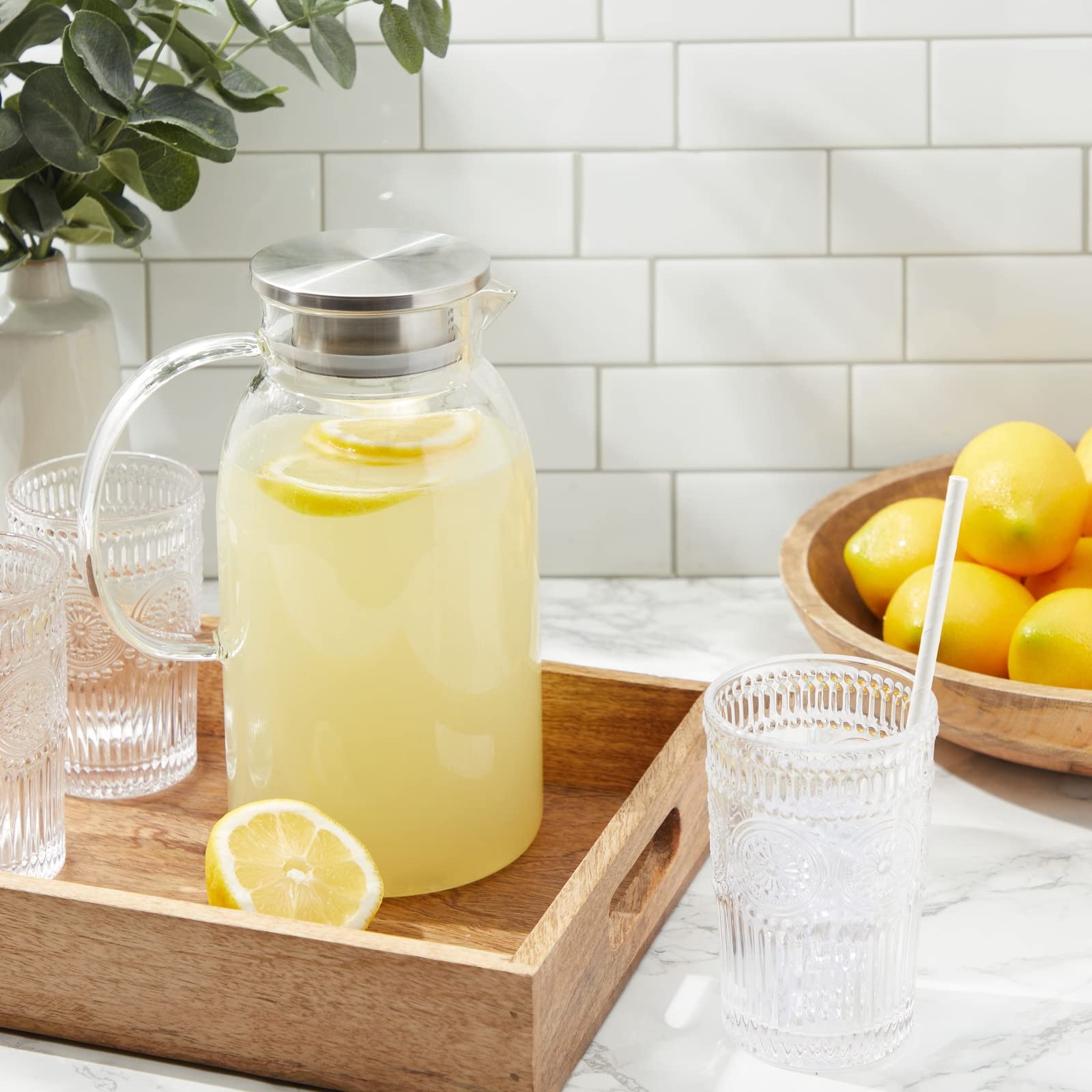 Okuna Outpost Glass Pitcher with Lid for Guests - 2.0-Liter (68 oz), Clear - Heat-Resistant Beverage Dispenser with Spout - Water & Iced Tea Pitcher - Kitchen & Refrigerator Organization