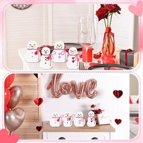 DoubleFill 4 Pcs Valentine's Day Snowman Figurine Tabletop Set Wooden Snowman Sign Tables Centerpieces Decor Heart Cute Table Decoration for Valentines Gift Wedding Party Decoration