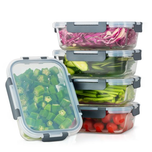 WWYH.DSS 5 PACK 36 oz Glass Meal Prep Containers, Glass Food Containers with Snap-Lock Lids, Airtight Lunch Containers, Microwave, Oven, Refrigerator and Dishwasher Safe，Gray