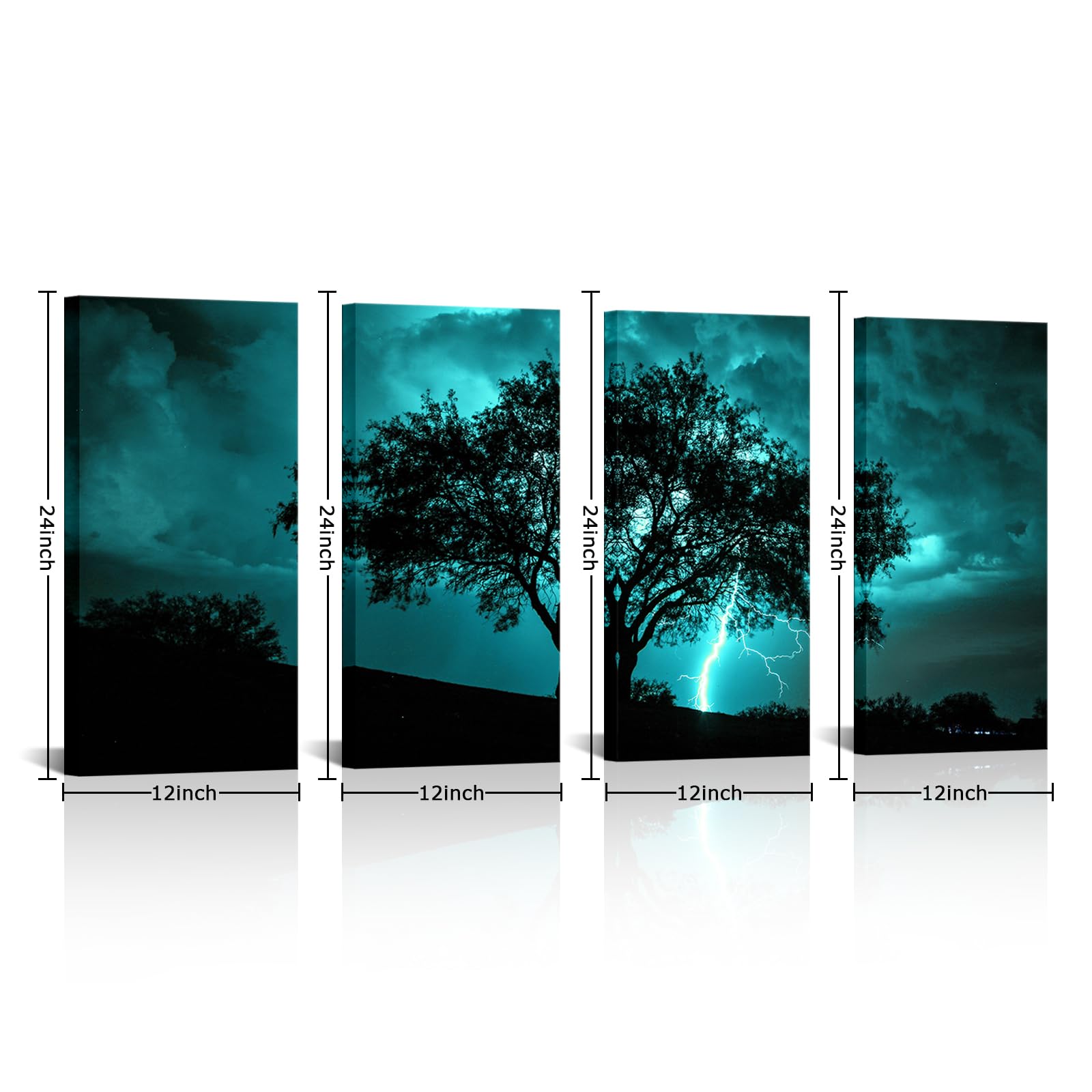 NutArtPic Tree Canvas Wall Art Teal Big Tree with Lightning Strikes Picture Artwork Natural Landscape Artwork Painting for Home Decor 12''x24''x4pcs (Teal)