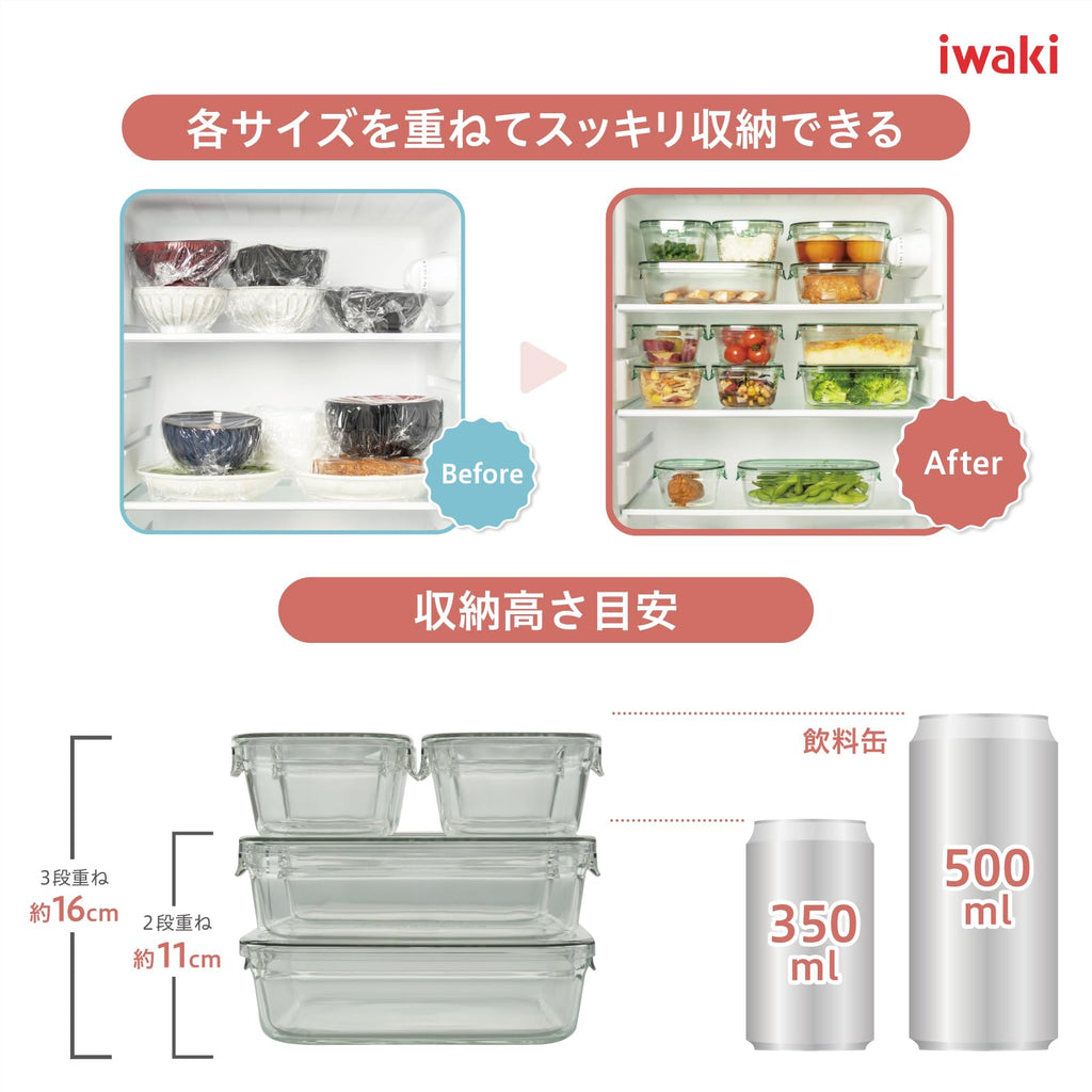 iwaki PC-PRN4G41 Heat Resistant Glass Storage Container, Olive Green, Square Shape, 4-piece Set, Pack & Range