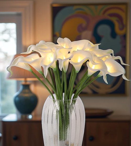 HOMESEASONS LED Lighted Artificial Flowers Calla Lily Bouquet 20 Stems Real Touch Calla Faux Flower Lights for Valentine's Day Gift and Easter Home Kitchen Wedding Dining Table Decor(White, No Vase)