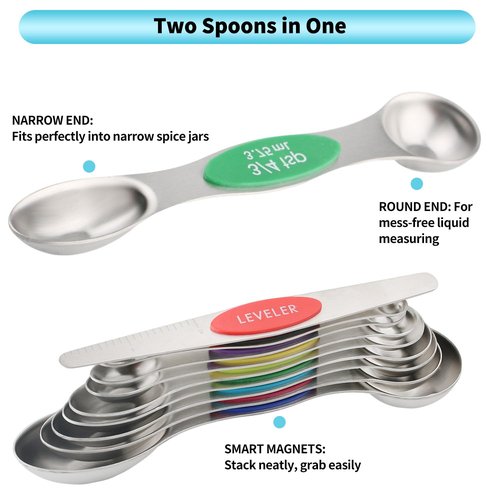 Magnetic Measuring Spoons Set of 9 with Leveler, Color-Coded Dual Sided Stainless Steel Measuring Spoon Set, Stackable Teaspoon and Tablespoon Set for Baking, Cooking, Kitchen Gadgets Dishwasher Safe