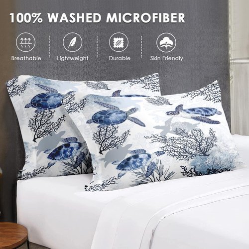 WeCozy 7 Pcs Queen Size Comforter Set with 2 Pillowcases & 2 Shams, Ocean Sea Coral Bedding for Kids and Adults, Blue Animal Turtle Bed in a Bag with Flat Fitted Sheet