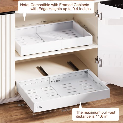 QUYUWU 2 Pack Pull out Cabinet Organizer,Extendable (12"-20") Heavy-Duty Pull-Out Drawers – Secured with Nano Adhesive Tape, Ideal for Cookware Storage, for Kitchen Base Cabinets (21" Dx12-20" W)