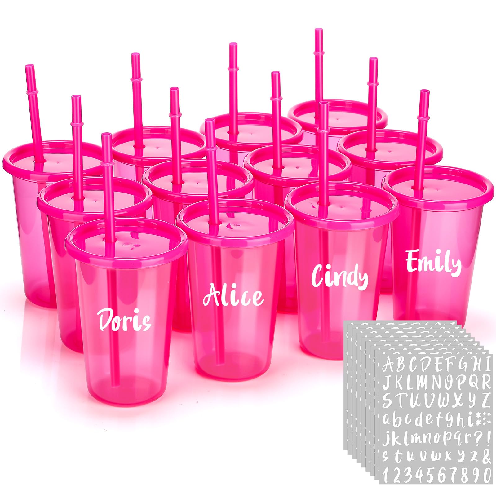 Nuanchu Plastic Cups with lids and Straws Reusable 14oz Tumbler with Sheets Letter Stickers for adult Iced Coffee Cup Travel Mug for Party Favors Beach Juices(Hot Pink,12 Pcs)