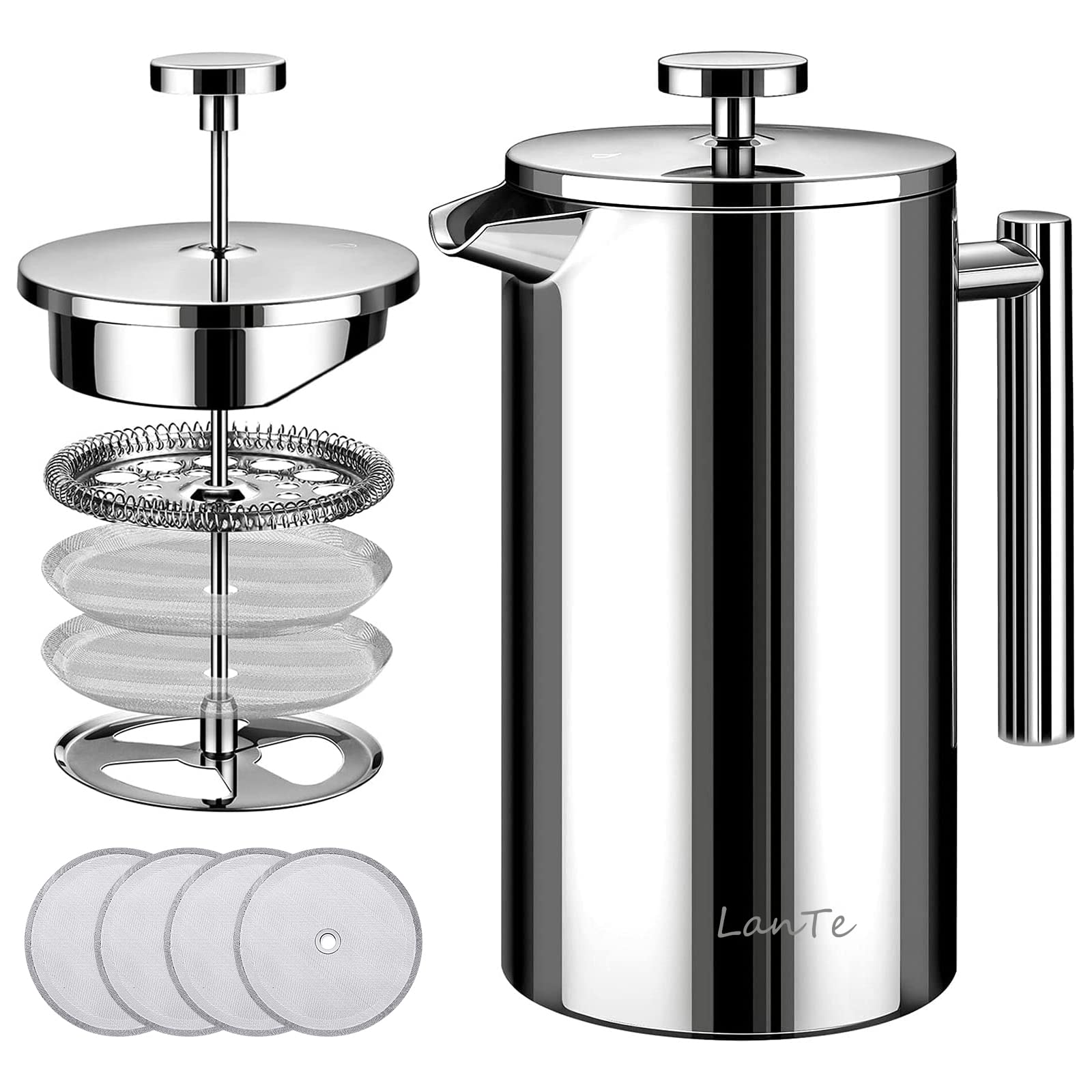 LANTE French Press, 600ml Double Insulated 304 Stainless Steel Coffee Tea Maker 4 Level Filtration System, No Coffee Grounds, Rust-Free, Dishwasher Safe for Single Use