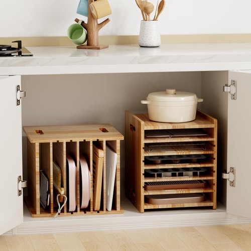 HAIDAIYA 7 Tiers Cookie Sheet Organizer for Cabinet, Wooden Tray Dividers for Kitchen Cabinets Baking Sheet Pan Organizer, for Heavy Pans, Cutting Board, Bakeware, Kitchen Cupboard Storage, Solid Wood