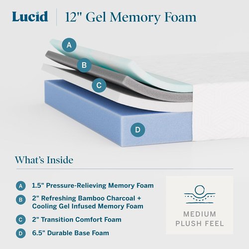 Lucid 12 Inch Memory Foam Mattress - Medium Plush Comfort - Bamboo Charcoal & Cooling Gel - Queen Size